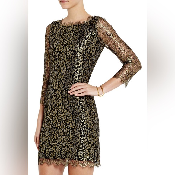 Diane Von Furstenberg Zarita Gold and Black Lace 3/4 Sleeve Dress - Picture 1 of 16